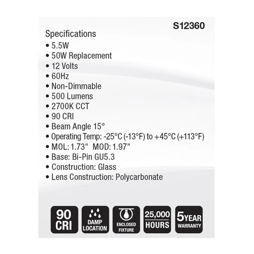 Satco S12360 - 5.5 Watt MR16 LED Spotlight - 2700K CCT - 12 Volt (2,6, or 12 PK) - Picture 4 of 9