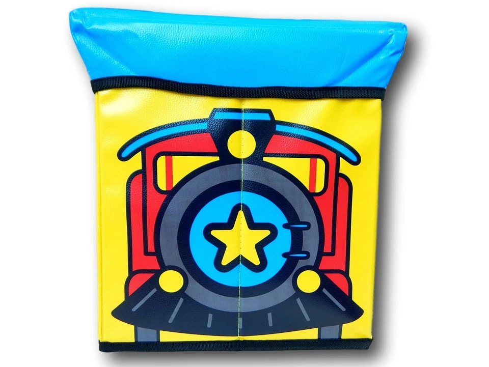 Baú de armazenamento de brinquedos infantis, banco acolchoado de vinil ou otomano -- trem azul amarelo - Imagem 3 de 4