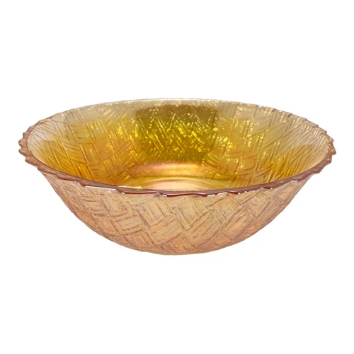Marigold Carnival Glass Serving Bowl Basket Weave Design Vintage 9” X 3”