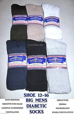 FREE Ship 6 Pairs BIG MENS Physicians Choice Cushioned Diabetic Crew Socks 12-15