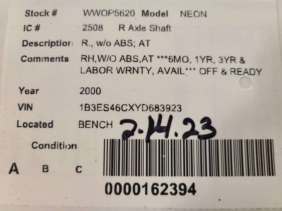 Used Right Drive Axle Shaft fits: 2000 Dodge Neon R. w/o ABS AT Right Grade A - Image 4 of 4