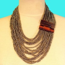 24" Silver Color Multi Strand Wood Buckle Waterfall BOHO Seed Bead Necklace