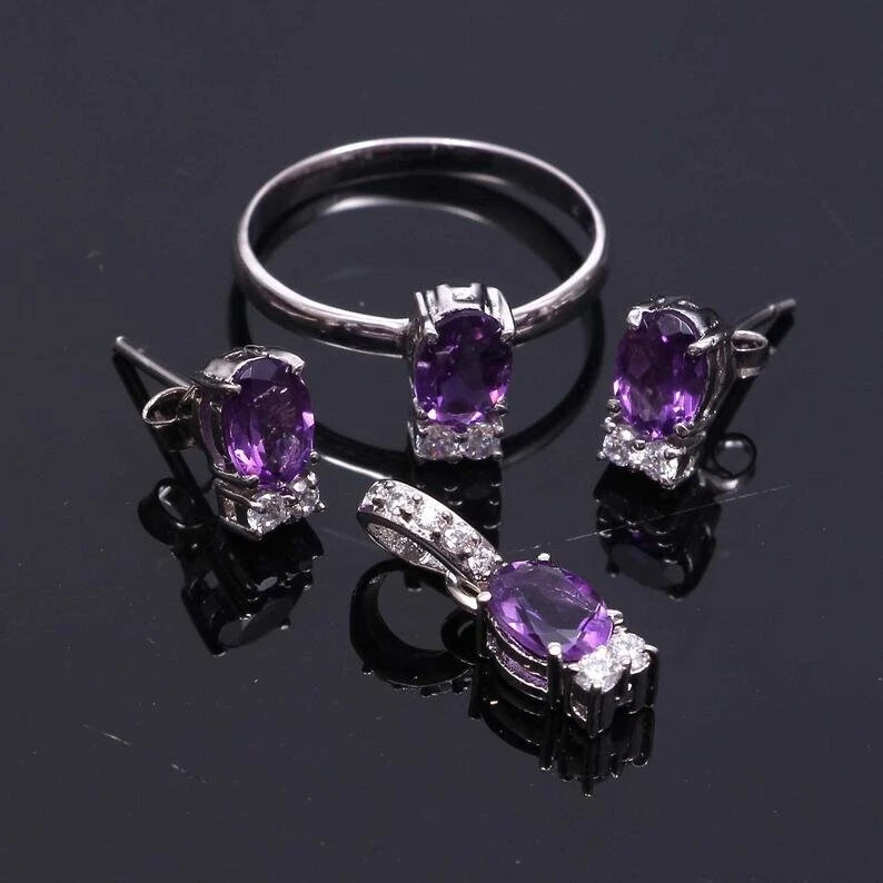 18" Chain Free Ring Pendant Earrings Sets Jewelry for Wife Lab Created Amethyst - Image 2 of 4