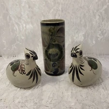 Tonala Pottery Birds and Vase Hand Painted Mexican Folk Art Clay