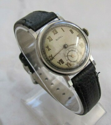 BOREL VINTAGE RARE EARLY THIN SS 3 PC CASE 15J MAN STUNNING ROMAN DRESS DIAL