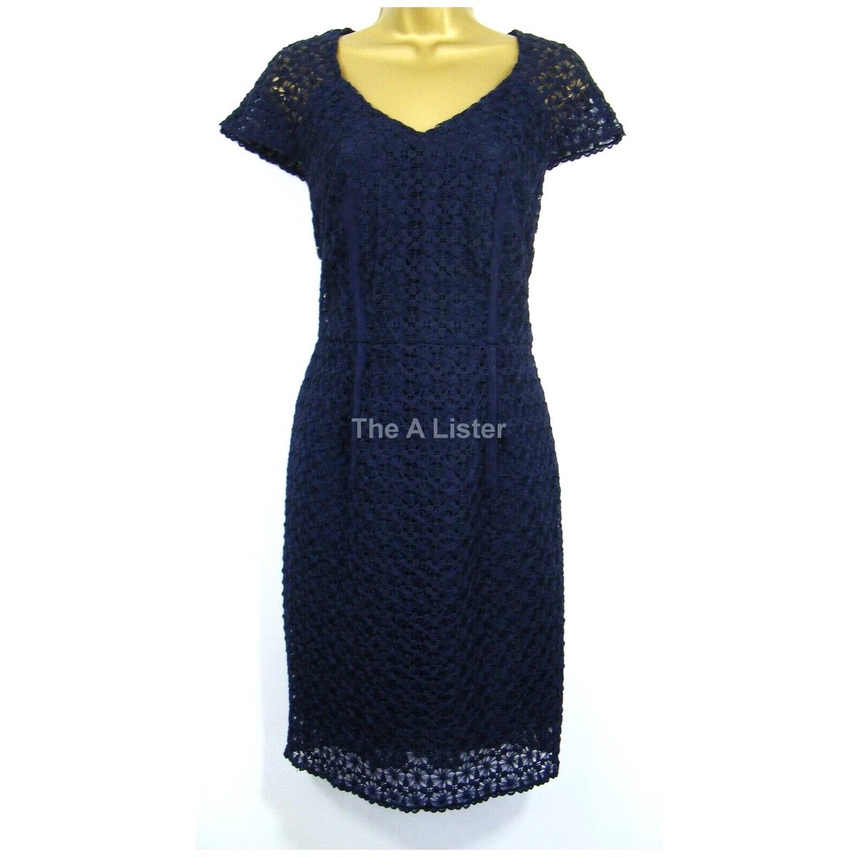 Navy Blue Embroidered Crochet Lace Fitted Shift Dress Size 14