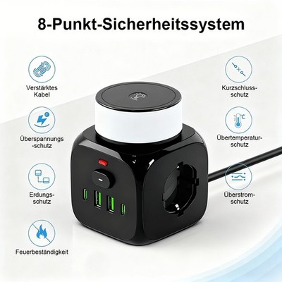 DE Steckdosenleiste 3 Fach Mehrfachsteckdose Mit 2 Typ-C und 2 USB Steckdosen EU