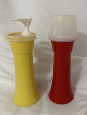 Tupperware Ketchup  Mustard Dispensers Pump Dispensers Red/Yellow W Cap Vintage