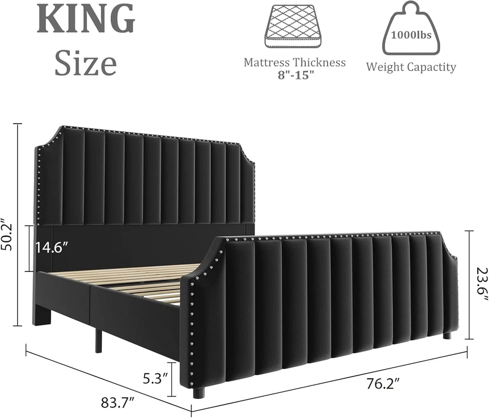Marco de cama de terciopelo tamaño king, cabecero alto acolchado canal vertical de 50,2" negro Foto 2 de 4