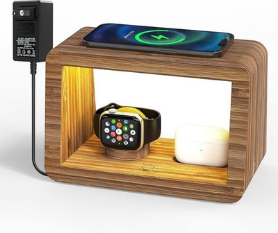 Bamboo Charging Station for Multiple Devices, 15W Fast Wireless Charger Night...