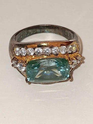 Sterling Silver Ring Teal Green Blue Gem Vintage Cocktail