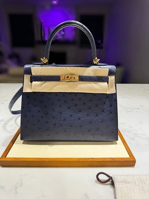 Hermès Kelly 25 Ostrich Leather Bleu Saphir Sellier Gold HW **EXTREMELY RARE*