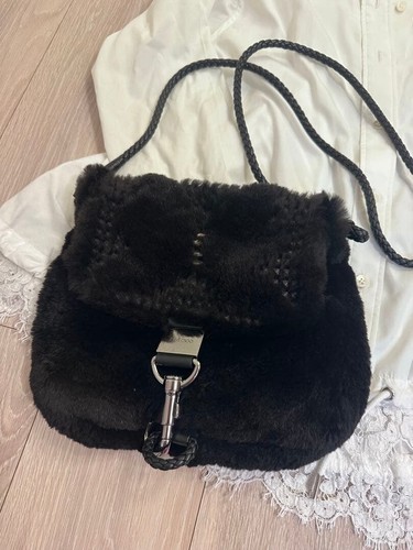 Jimmy Choo Black Fur Shoulder Bag Drawstring Pouch Silver Hardware Women 65