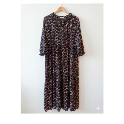 PIGALLE ONLY Damen Kleid Gr. 40 Blumen Rüschen 3/4 Ärmel schwarz/rot/blau