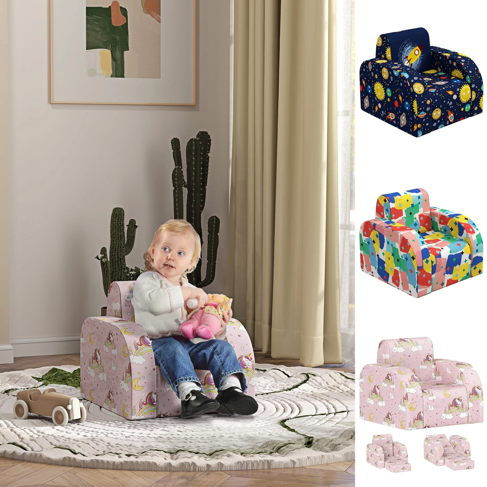 Kids Sofa Bed, Foldable Toddler Couch Chair, Children Armchair Refurbished