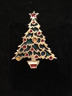 Vintage Beatrix Green Enamel Gold Tone Christmas Tree Pin Brooch Signed 