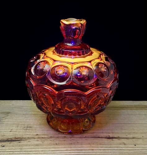 L. E. SMITH Amberina Moon & Stars 7½" Compote Candy Dish Lid  Glow In UV Light!!