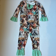 Girls Short Sleeve Bell Pants Set 2pcs Outfit Cow Head Print Western Cow Girl