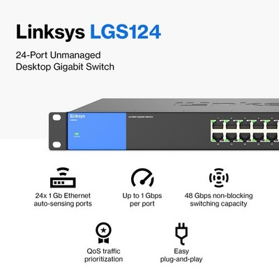 Linksys LGS124 24-Port Gigabit Network Switch, Unmanaged, Rack Mount 