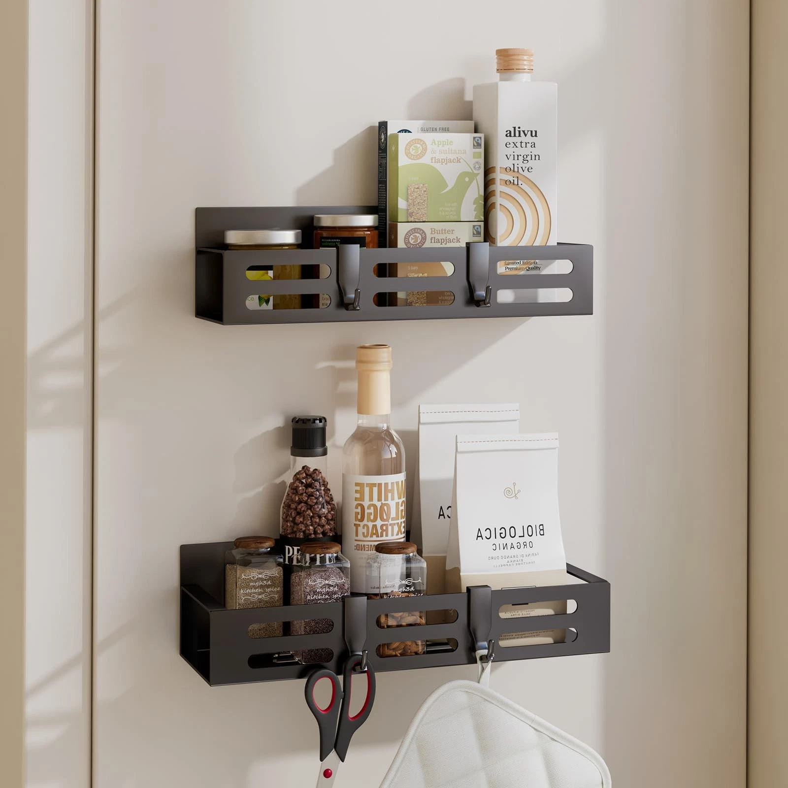 2 Pack Magnetic Spice Rack for Refrigerator, Black Magnetic Shelf and Fridge