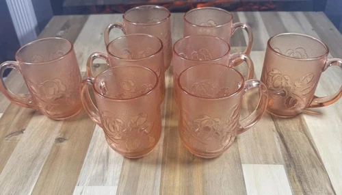 Set Of 8 Vintage France Rosaline Rose Mugs Cups Glass Pink Depression