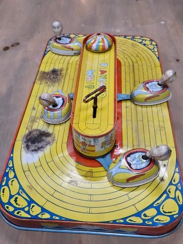 Vintage 1953 Wind Up Chein Playland Whip Toy Tested Works! Carnival Circus Tin