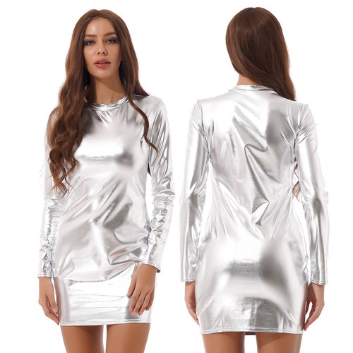 Damen Metallic Wetlook Kleid Glänzendes Partykleid Bodycon Kleider Pencil Dress - Picture 4 of 89