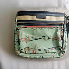 FOSSIL Issue No 1954 CROSSBODY Coated Straw & Mint Green Graphic PVC 2 Front Zip