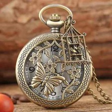 Vintage Bronze Butterfly Flower Chain Pendant Pocket Watch Fashion Trendy Unisex