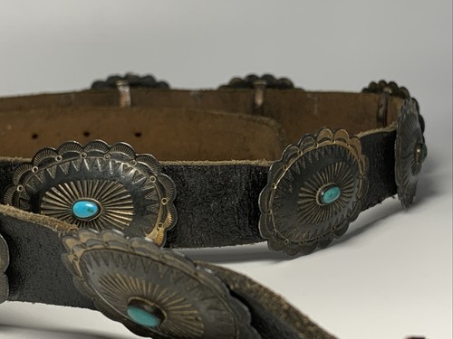Native Navajo Sterling Silver & Turquoise 3rd Phase Leather Concho Belt Ca. 1910 - Picture 8 of 11