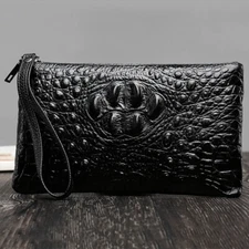Mens Black Clutch Bag Genuine Leather Embossing Zipper Envelope Wallet