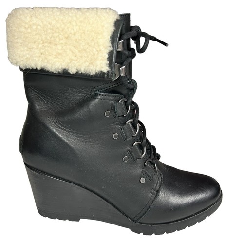 SOREL After Hours Lace Shearling Boots SIZE 10 Black Leather Wedge Heel* - Picture 2 of 14