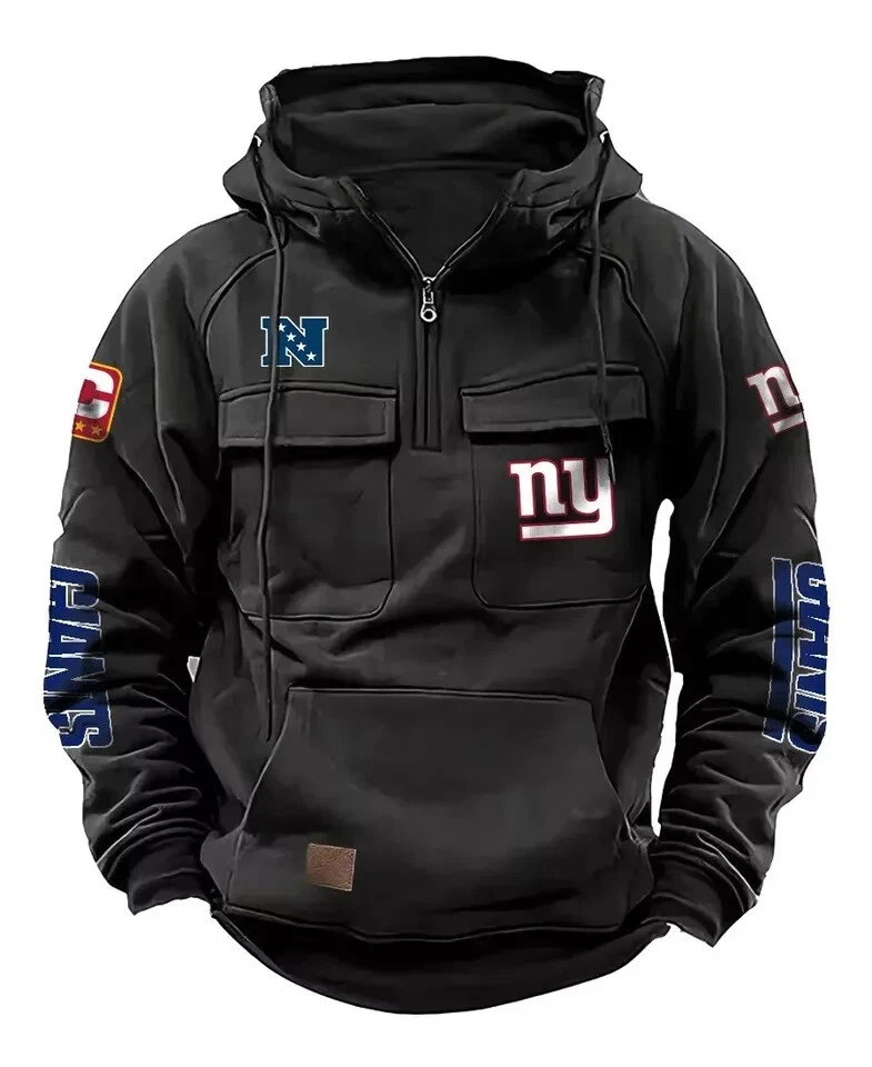 New York Football Team Men's Quarter Zip Cargo Hoodies