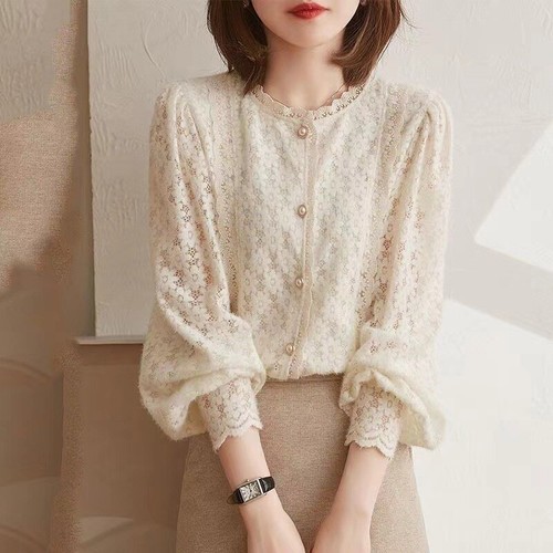 Womens Lace Long Puff Sleeve Loose Hollow Out Tops Shirts Ladies French Style Sz
