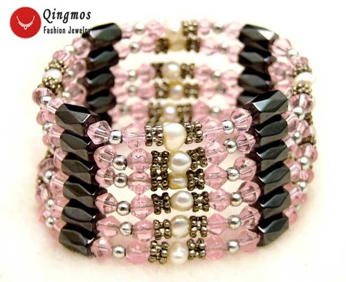 4-5mm White Baroque Natural Pearl Bracelet for Women Pink Crystal Hematite 36'' - Picture 2 of 33