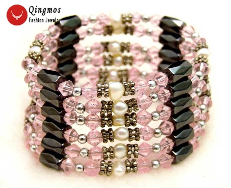 Brazalete de perlas blancas naturales barrocas de 4-5 mm para mujer cristal rosa hematita 36"" Foto 2 de 4