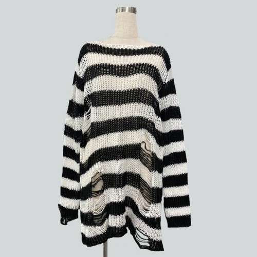 Punk Gothic Pullover Damen gestreift gerissenes Loch übergroßes langes Pullover Top - Bild 7 von 30
