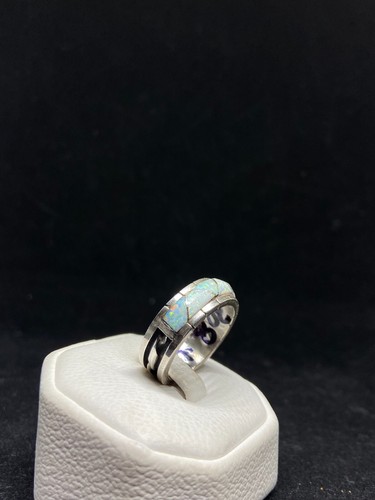 Native American Zuni inlay white fire opal Sterling Silver band ring size 9.5 - Bild 8 von 10