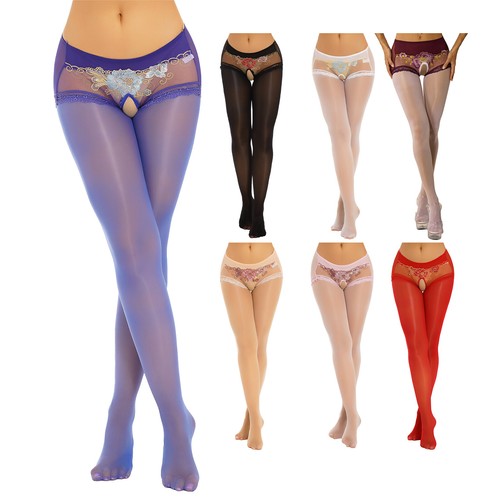 Womens Shiny Sheer Tight Pantyhoses Floral Lace Trim Crotchless Stockings - Picture 2 of 98