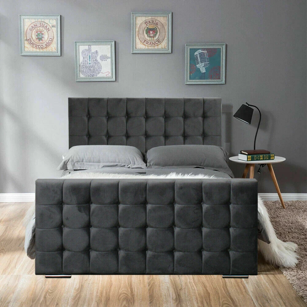 Cube Dark Grey Soft Plush Velvet Divan Ottoman Storage Bed Frame with Headboard