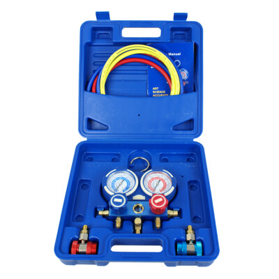 R134a R410a R22 A/C AC HVAC 3 Way Manifold Vacuum Gauge Set Refrigeration KIT