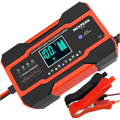 Automatic 12V/24V Car Battery Charger with Temperature Compensation - Red