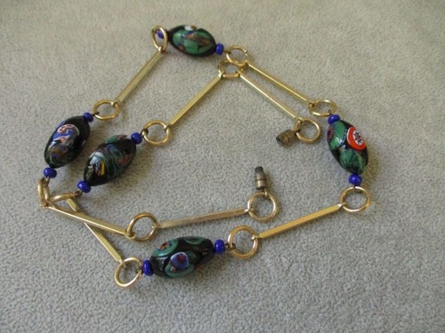 VINTAGE VENETIAN GLASS MILLEFIORI NECKLACE & MODERNIST GOLD TONE CHAIN - Picture 3 of 5