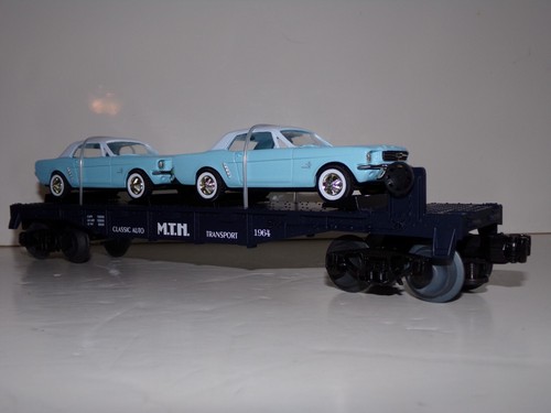 Rail King by M.T.H. 30-7617 Auto Transport Flat Car w/ Ertl '64 Mustangs - New! - Picture 4 of 15