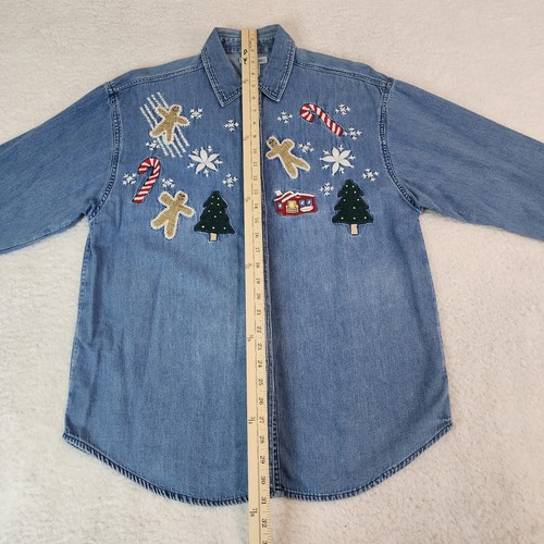 Sara Studio Denim Shirt Large Christmas Embroidered Trees Gingerbread #1966 - Picture 11 of 13