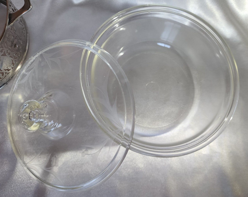Antique 1920s Pyrex Bowl 168 268 Rare Clear Etched Design With Lid & Metal Stand - 第 5/14 張圖片