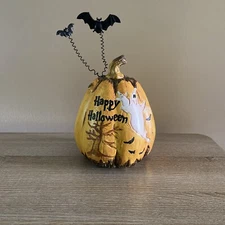 9.5" Happy Halloween Pumpkin with bats, ghost, tree scene