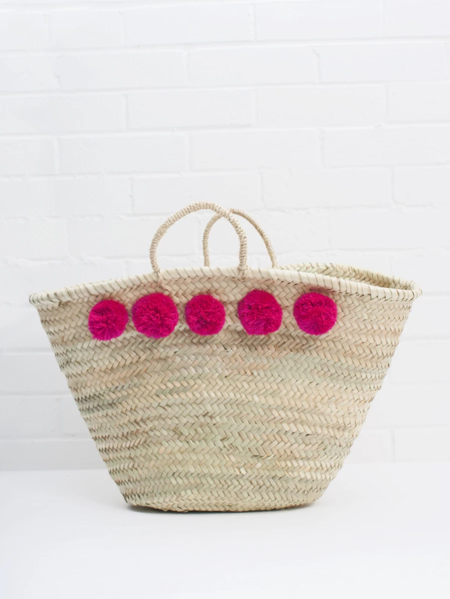 Straw beach tote with pom poms sale