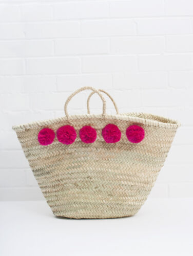 Large Basket Bag Pom Pom Hot Pink French Market Beach Fuchsia Tote Shopper Straw - Afbeelding 1 van 3