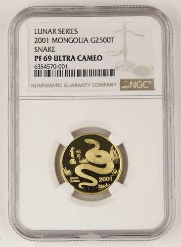 Mongolia 2001 2500 Tugrik 1/4 Oz Gold Proof Coin "Year of Snake" NGC PF69 UC